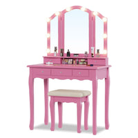 Sikaic Makeup Vanity Makeup Vanity Set with Lighted Mirror Cushioned Stool Pink Pink / Wood / Modern