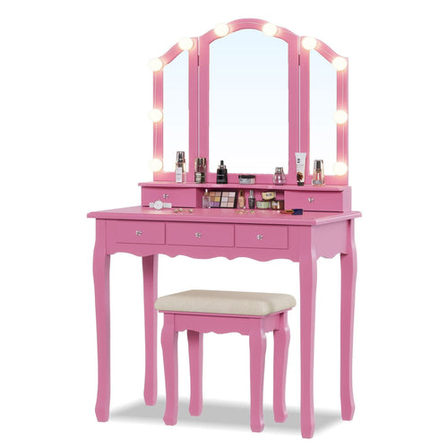 Sikaic Makeup Vanity Makeup Vanity Set with Lighted Mirror Cushioned Stool Pink Pink / Wood / Modern