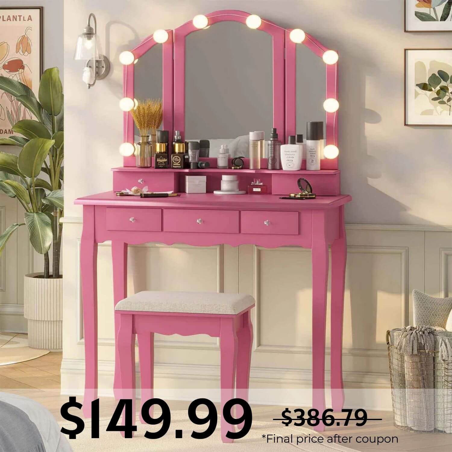 Makeup Vanity Pink Sikaic Dressing Table Set with Cushioned Stool LED Trifold Mirror 5 Drawers Modern Bedroom Furniture Makeup Vanity Pink Sikaic Dressing Table Set with Cushioned Stool LED Trifold Mirror 5 Drawers Modern Bedroom Furniture