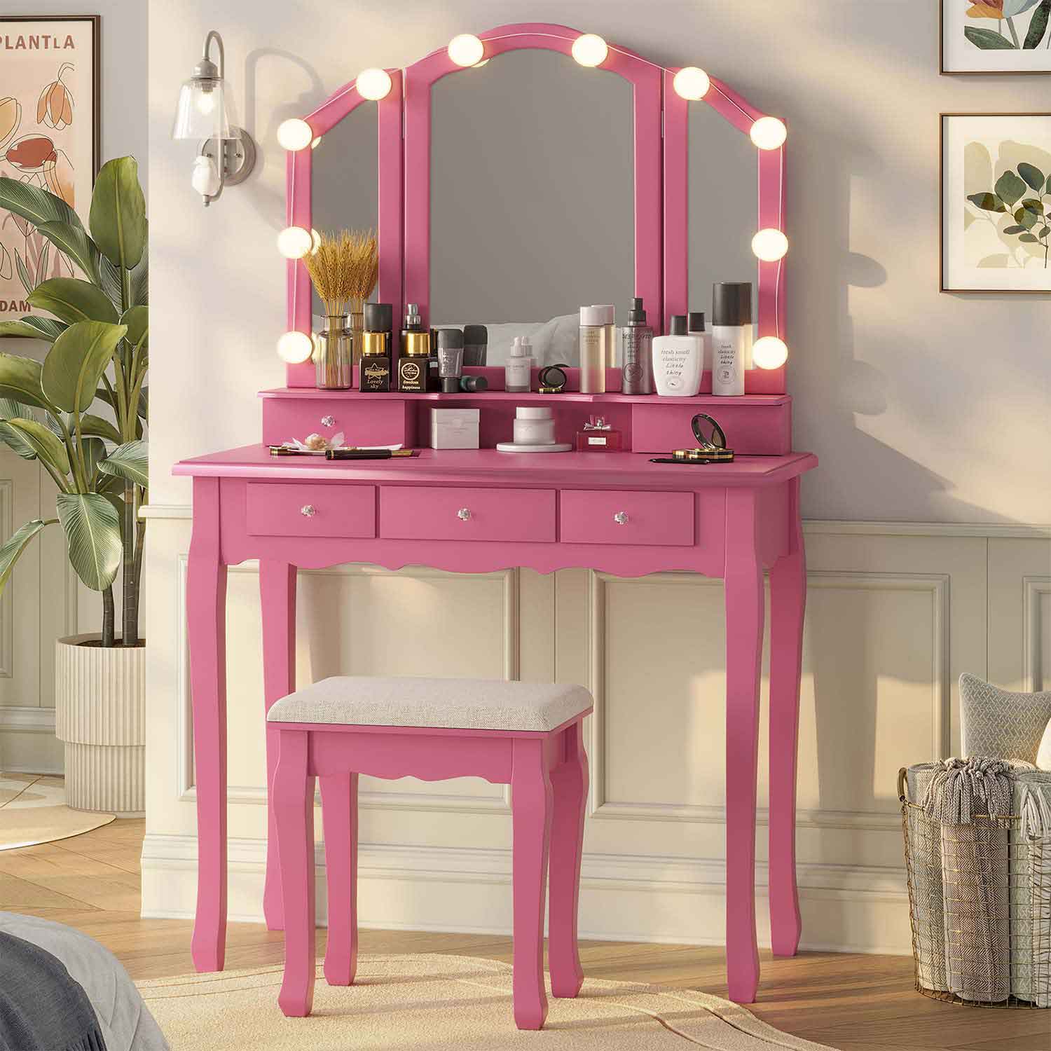Makeup Vanity Pink Sikaic Dressing Table Set with Cushioned Stool LED Trifold Mirror 5 Drawers Modern Bedroom Furniture Makeup Vanity Pink Sikaic Dressing Table Set with Cushioned Stool LED Trifold Mirror 5 Drawers Modern Bedroom Furniture