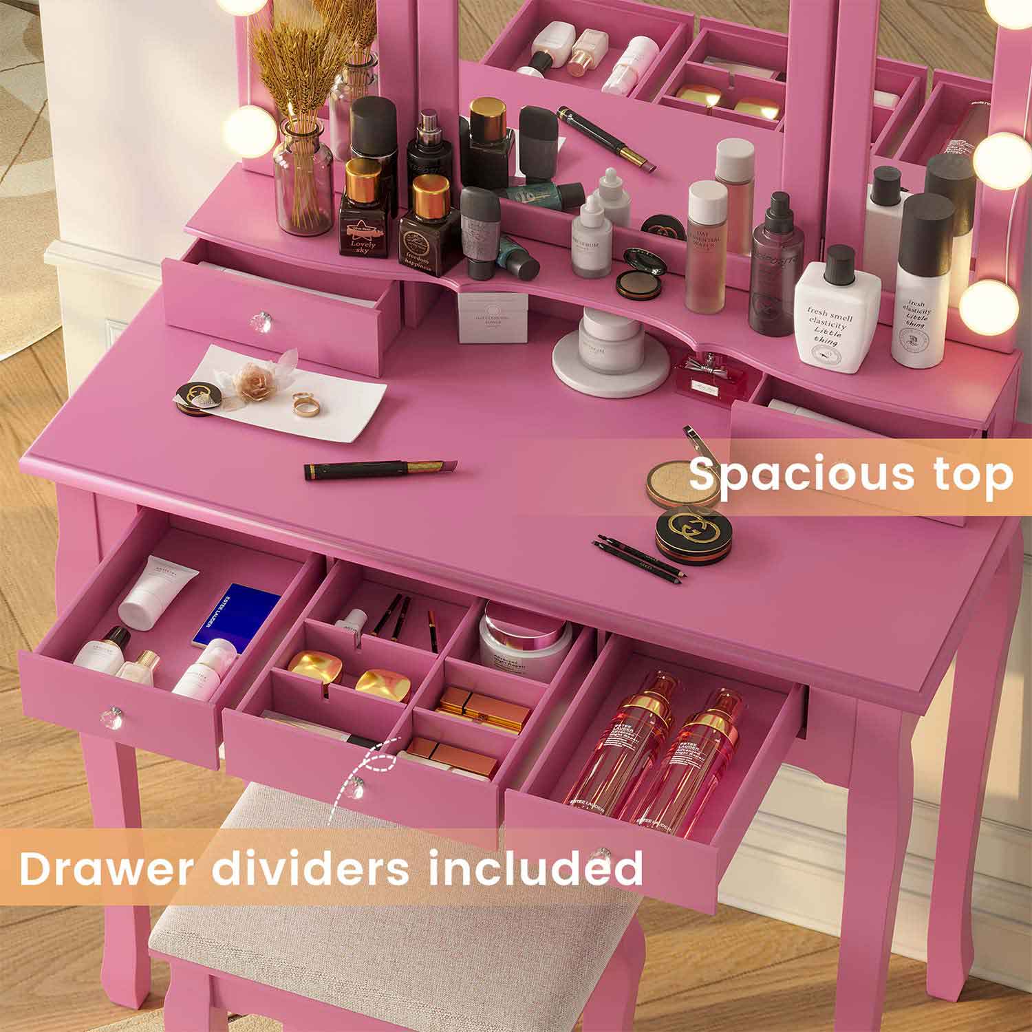 pink dressing table Vanity Set with Mirror and Lights Modern Storage Makeup Dressing Table with 5 Drawers Pink
