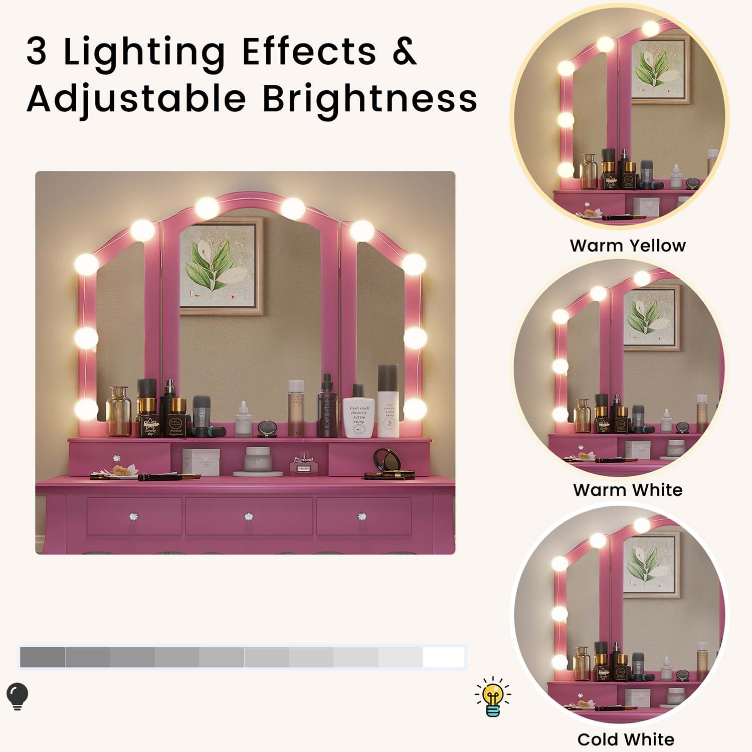 Makeup Vanity Pink Sikaic Dressing Table Set with Cushioned Stool LED Trifold Mirror 5 Drawers Modern Bedroom Furniture Makeup Vanity Pink Sikaic Dressing Table Set with Cushioned Stool LED Trifold Mirror 5 Drawers Modern Bedroom Furniture