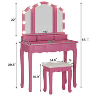 Sikaic Makeup Vanity Makeup Vanity Set with Lighted Mirror Stool Drawers and Cushioned Stool Pink Pink / Wood / Modern