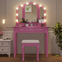 Sikaic Makeup Vanity Makeup Vanity Set with Lighted Mirror Stool Drawers and Cushioned Stool Pink Pink / Wood / Modern