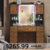 Sikaic Makeup Vanity LED Makeup Vanity with Mirror and Outlet Vintage Brown Vintage Brown / Modern