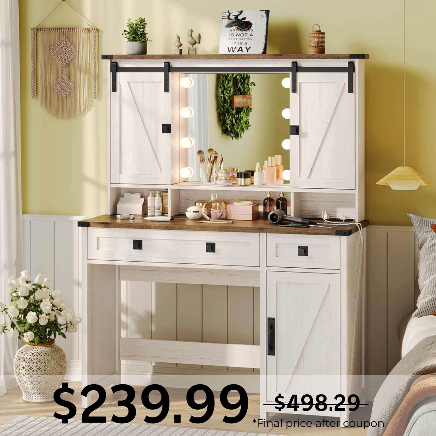 Makeup Vanity with LED Sliding Mirror White | Sikaic