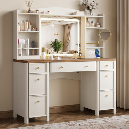 Sikaic Makeup Vanity Vanity Desk with LED Mirror 7 Drawers Charging Station White White / Engineered Wood / Farmhouse