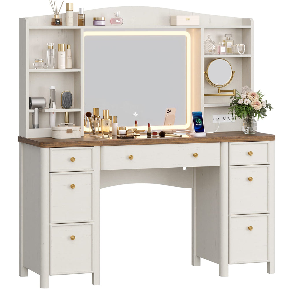 Sikaic Makeup Vanity Vanity Desk with LED Mirror 7 Drawers Charging Station White White / Engineered Wood / Farmhouse