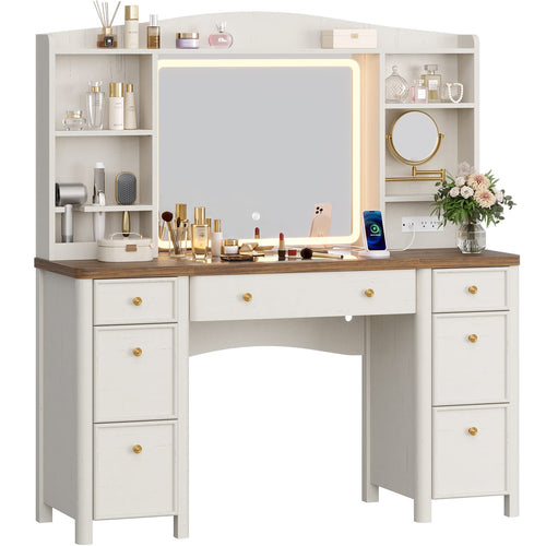 Sikaic Makeup Vanity Vanity Desk with LED Mirror 7 Drawers Charging Station White White / Engineered Wood / Farmhouse