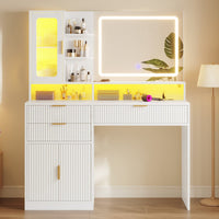 Sikaic Makeup Vanity 42.5 Inches Fluted Makeup Vanity with Touch Screen Mirror and Lights White White / Engineered Wood / Modern