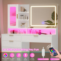 Sikaic Makeup Vanity 42.5 Inches Fluted Makeup Vanity with Touch Screen Mirror and Lights White White / Engineered Wood / Modern