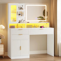 Sikaic Makeup Vanity 42.5 Inches Fluted Makeup Vanity with Touch Screen Mirror and Lights White White / Engineered Wood / Modern