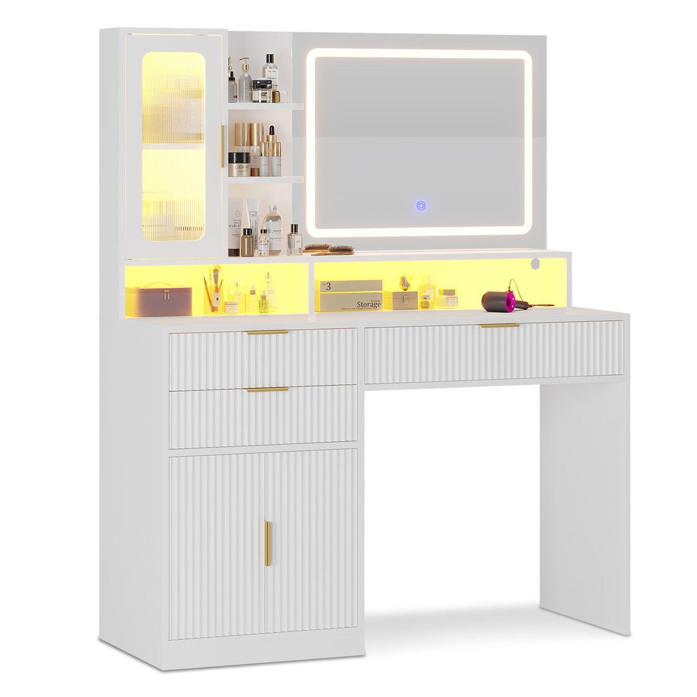 Sikaic Makeup Vanity 42.5 Inches Fluted Makeup Vanity with Touch Screen Mirror and Lights White White / Engineered Wood / Modern
