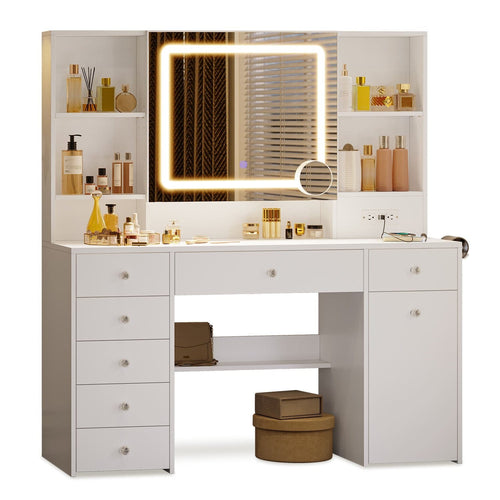 Sikaic Makeup Vanity 47.2 Inches Makeup Vanity with Pull-Out LED Mirror and Power Outlet White White / Engineered Wood / Modern