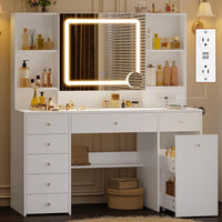 Sikaic Makeup Vanity 47.2 Inches Makeup Vanity with Pull-Out LED Mirror and Power Outlet White White / Engineered Wood / Modern