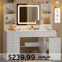 Sikaic Makeup Vanity 47.2 Inches Makeup Vanity with Pull-Out LED Mirror and Power Outlet White White / Engineered Wood / Modern