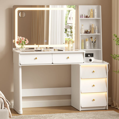 Sikaic Makeup Vanity 47" Large Modern Makeup Vanity Desk with 35" Mirror and Lights White White / Engineered Wood / Modern
