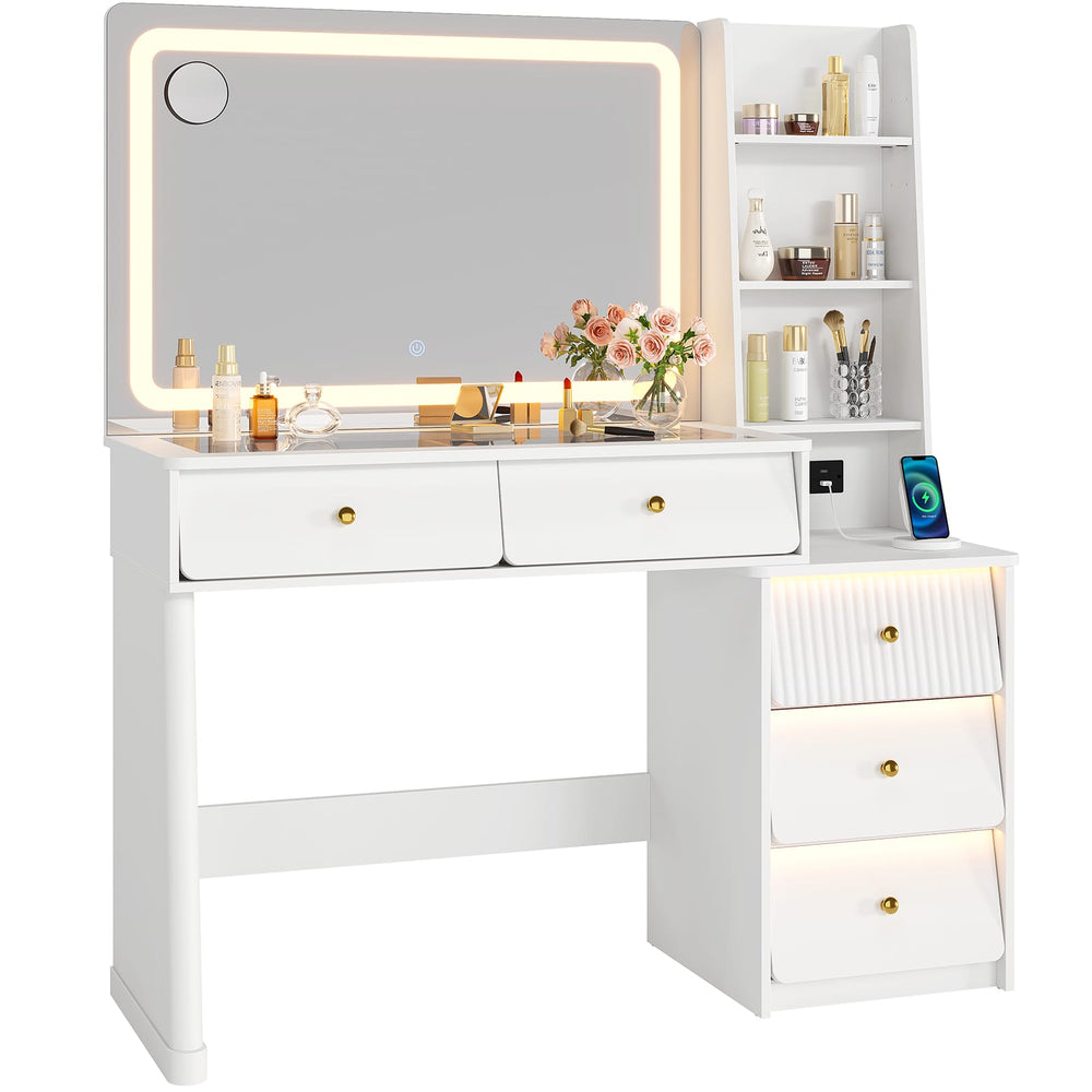 Sikaic Makeup Vanity 47" Large Modern Makeup Vanity Desk with 35" Mirror and Lights White White / Engineered Wood / Modern
