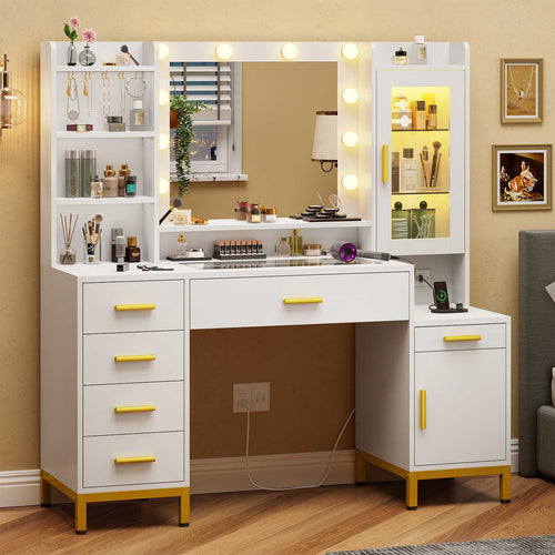 Sikaic Makeup Vanity 49.2 Inches LED Makeup Vanity White White / Engineered Wood / Modern