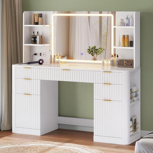 Sikaic Makeup Vanity 51.2 Inches Fluted Makeup Vanity with Mirror and Lights White White / Engineered Wood / Modern