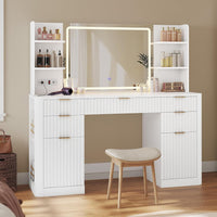 Sikaic Makeup Vanity 51.2 Inches Fluted Makeup Vanity with Mirror and Lights White White / Engineered Wood / Modern