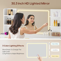 Sikaic Makeup Vanity 51.2 Inches Fluted Makeup Vanity with Mirror and Lights White White / Engineered Wood / Modern