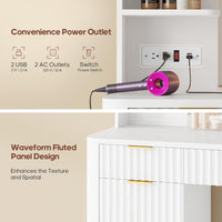 Sikaic Makeup Vanity 51.2 Inches Fluted Makeup Vanity with Mirror and Lights White White / Engineered Wood / Modern