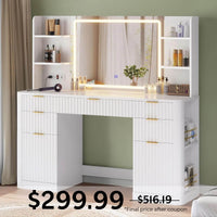 Sikaic Makeup Vanity 51.2 Inches Fluted Makeup Vanity with Mirror and Lights White White / Engineered Wood / Modern