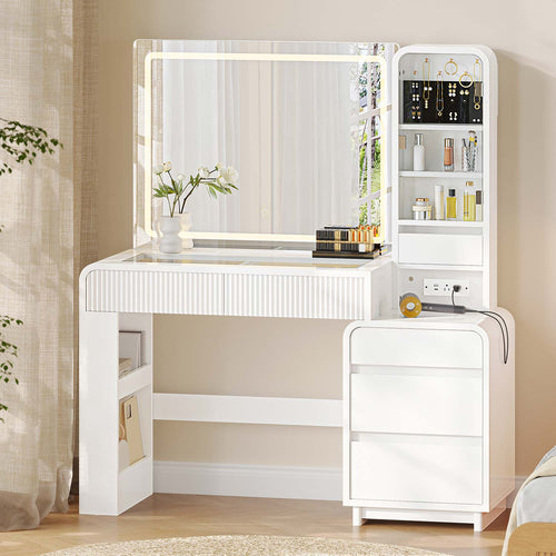 Sikaic Makeup Vanity 55.51 Inches Fluted Makeup Vanity with Glass Top and Lights White White / Engineered Wood / Modern