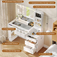 Sikaic Makeup Vanity 55.51 Inches Fluted Makeup Vanity with Glass Top and Lights White White / Engineered Wood / Modern