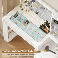 Sikaic Makeup Vanity 55.51 Inches Fluted Makeup Vanity with Glass Top and Lights White White / Engineered Wood / Modern