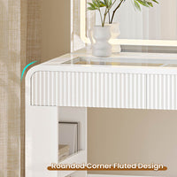 Sikaic Makeup Vanity 55.51 Inches Fluted Makeup Vanity with Glass Top and Lights White White / Engineered Wood / Modern