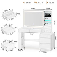 Sikaic Makeup Vanity 55.51 Inches Fluted Makeup Vanity with Glass Top and Lights White White / Engineered Wood / Modern
