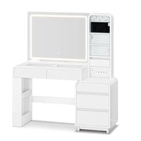 Sikaic Makeup Vanity 55.51 Inches Fluted Makeup Vanity with Glass Top and Lights White White / Engineered Wood / Modern