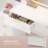 Sikaic Makeup Vanity 59.1 Inches Fluted Wood Makeup Vanity Desk with Mirror and Sound Sync LED Lights White White / Engineered Wood / Modern