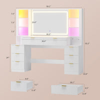 Sikaic Makeup Vanity 59.1 Inches Fluted Wood Makeup Vanity Desk with Mirror and Sound Sync LED Lights White White / Engineered Wood / Modern