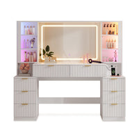 Sikaic Makeup Vanity 59.1 Inches Fluted Wood Makeup Vanity Desk with Mirror and Sound Sync LED Lights White White / Engineered Wood / Modern