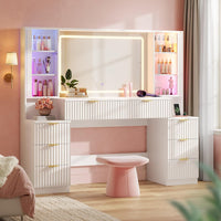 Sikaic Makeup Vanity 59.1 Inches Fluted Wood Makeup Vanity Desk with Mirror and Sound Sync LED Lights White White / Engineered Wood / Modern