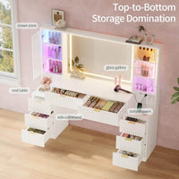 Sikaic Makeup Vanity 59.1 Inches Fluted Wood Makeup Vanity Desk with Mirror and Sound Sync LED Lights White White / Engineered Wood / Modern