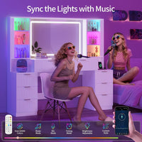 Sikaic Makeup Vanity 59.1 Inches Fluted Wood Makeup Vanity Desk with Mirror and Sound Sync LED Lights White White / Engineered Wood / Modern