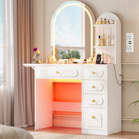 Sikaic Makeup Vanity Arched Makeup Vanity with LED Lighted Mirror and Charging Station White White / Engineered Wood / Modern