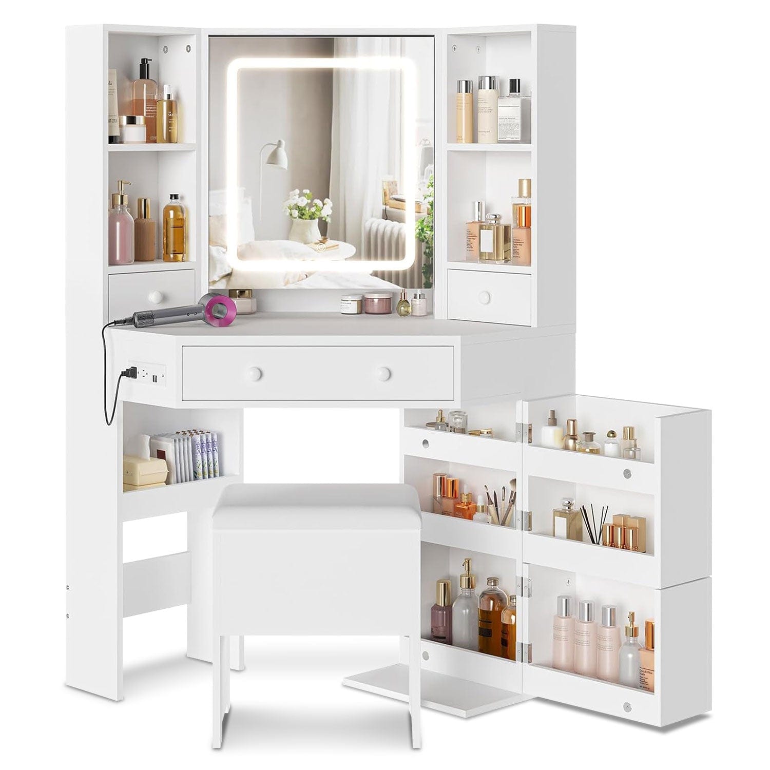 dressing table and stool white Vanity Chair Set with Mirror and Lights-White Indulge in the epitome of glamour with our exquisite Naomi Home Vera vanity desk Modern White Makeup Vanity Set