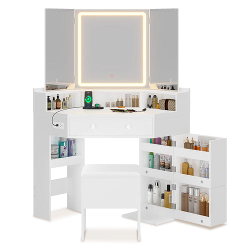 Sikaic Makeup Vanity Corner Makeup Vanity with Tri-Fold Mirror and Cushioned Storage Stool White White / Engineered Wood / Modern