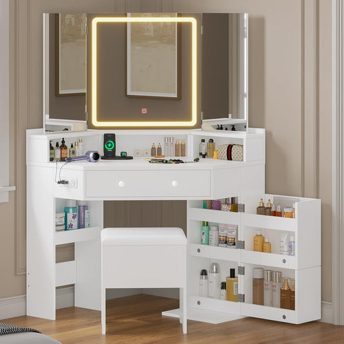Sikaic Makeup Vanity Corner Makeup Vanity with Tri-Fold Mirror and Cushioned Storage Stool White White / Engineered Wood / Modern