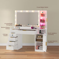 Sikaic Makeup Vanity Fluted Makeup Vanity with Charging Station and RGB Lights White White / Engineered Wood / Modern