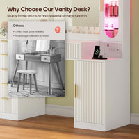Sikaic Makeup Vanity Fluted Makeup Vanity with Charging Station and RGB Lights White White / Engineered Wood / Modern
