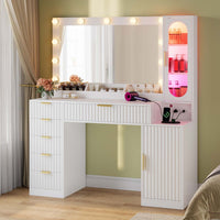 Sikaic Makeup Vanity Fluted Makeup Vanity with Charging Station and RGB Lights White White / Engineered Wood / Modern