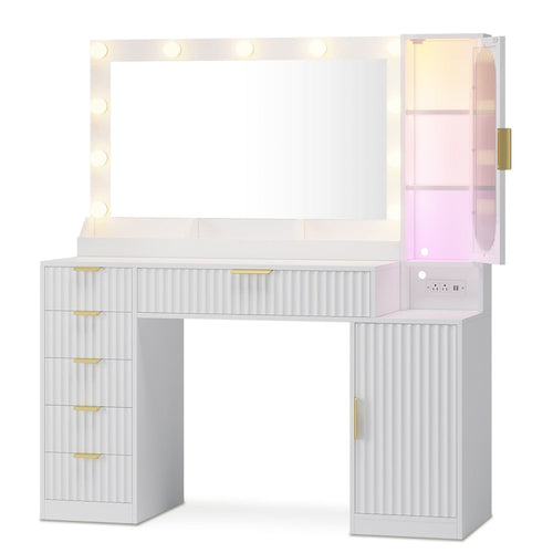 Sikaic Makeup Vanity Fluted Makeup Vanity with Charging Station and RGB Lights White White / Engineered Wood / Modern
