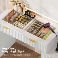 Sikaic Makeup Vanity Fluted Makeup Vanity with Sync Music LED Lights and Glass Top White White / Engineered Wood / Modern