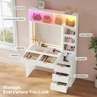 Sikaic Makeup Vanity Fluted Makeup Vanity with Sync Music LED Lights and Glass Top White White / Engineered Wood / Modern
